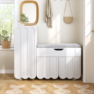 Moderner 3-Türen-Schuhschrank mit Schublade & Sitzpolster Weiß Schuhschränke und Schuhbänke platzsparende Schuhschränke für den Flur stilvolle Schuhbänke für Flur und Eingangsbereich