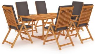 vidaXL 7-tlg. Garten-Essgruppe mit Grauen Kissen Massivholz Teak 3059542