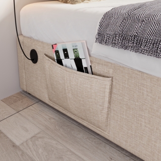 Polsterbett 160x200 cm aus Leinen mit hydraulischem Bettkasten und USB- und Type-C-Anschlüssen