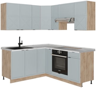 Eckküche Fame-Line Hellblau-grau/Goldkraft Eiche 190 x 60 cm , AP Marmor Vicco