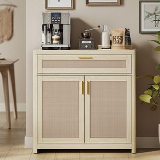 VASAGLE Küchenschrank im Boho-Stil, Türen Rattan-Optik, Sideboard, verstellbare Ablage, Schublade, Wohnzimmer, beige