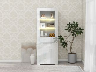 Vitrine Weiß Hochglanz mit LED & Schublade – B 60 x T 35,5 x H 165 cm, Spanplatte
