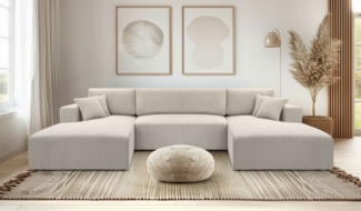 AX LIVING Ecksofa Weiß mit Schlaffunktion – Catea U Cord Wohnlandschaft 364 cm