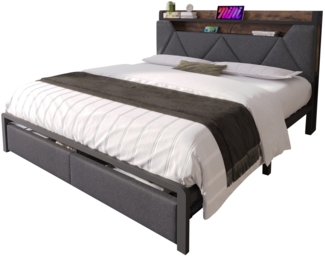 Polsterbett 160x200 cm - Leinenoptik mit Stauraum-Kopfteil, USB‑C & LED-Beleuchtung, Schubladen, robuster Metallrahmen,Grau