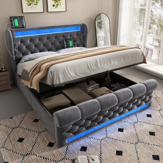 Merax Polsterbett Doppelbett 160x200cm, Hydraulisches Stauraumbett, Polsterbett mit LED-Leuchten, Stauraum-Kopfteil mit USB- und Typ-C-Anschlüssen, Samt, Grau