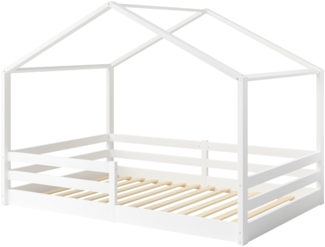 Bellabino 'Abia' Hausbett 140x200 cm mit Matratze, weiß, Kiefer Massivholz, Bodenbett in Hausoptik, Montessori Kinderbett mit Rausfallschutz und Lattenrost