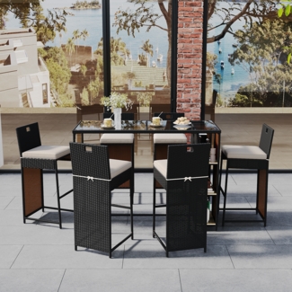 Gartenlounge-Set 7-teiliges Rattan-Bar-Set, mit Kissen, Ablagefläche, 7 -tlg. Polyrattan, Tischplatte aus gehärtetem Glas