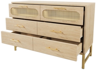 autolock Sideboard Rattan kommode Sideboard mit 6 Schubladen,komodenschrank,Schminktisch, Metallgriffe,Kippschutz, 120 x 40 x 74 cm, Sonoma Eiche