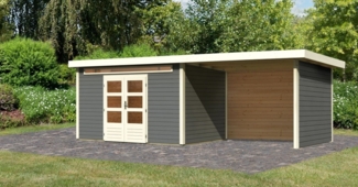 Gartenhaus Kandern 7 - 364x244 cm plus Anbaudach 3,20m mit Wänden, 28 mm Holz terragrau, Karibu