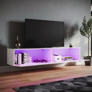 SONNI TV-Schrank Ein weißer, hängender TV-Schrank mit LED-Lichteffekten. 160/180x35x30cm