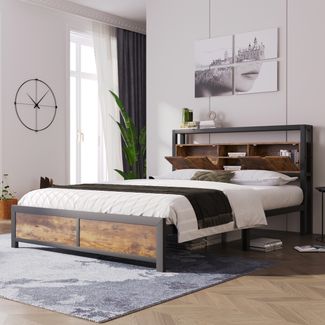 Metallbett 140x200 cm mit Stauraum-Kopfteil, Holzoptik, Doppelbett mit Ablagefächern und 26,5 cm Bodenfreiheit