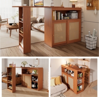 Flieks Bartisch (1-St, 360° Drehung), ausziehbar Stehtisch drehbar Sideboard Esstisch mit Rattan-Schiebetür