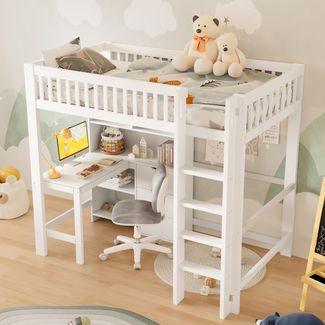 Hochbett 90x200cm mit Schreibtisch,Kinderhochbett in Weiß mit Leiter, 3 Schubladen und Ablagefächern