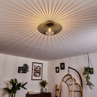 »Pieris« Deckenlampe aus Metall in Schwarz/Gold, 1-flammig, 1 x E27-Fassung max. 60 Watt, moderner Leuchte im Retro/Vintage Design m. Gitter u. Lichteffekt an der Decke, LED geeignet