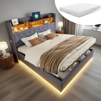 OKWISH Polsterbett Funktionsbett,Stauraumbett,Doppelbett,Gästebett (Luxuriöses LED-Polsterbett,mit USB-Ladeanschluss und hydraulischem Stauraum, 160 x 200 cm), mit Matratze
