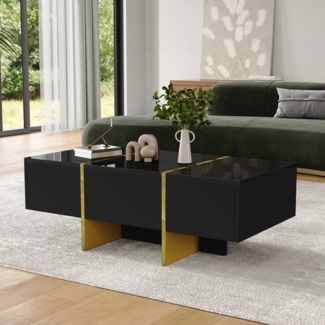 Couchtisch 100x50x35 cm, MDF schwarz Hochglanz mit Goldlinien, 4 Schubladen