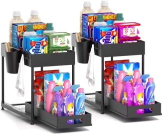 Refined Living Ablageregal Waschbecken Regal, Küchenschrank Organizer, Spülschrankregal Organizer, Lagerregal mit 2 Ebenen, mit Schiebeschublade, 4 Haken und 1 TassenSpülschrank Organizer, 2-tlg, Unter Waschbecken Regal,Arbeitsplatte Regal mit Schiebes...