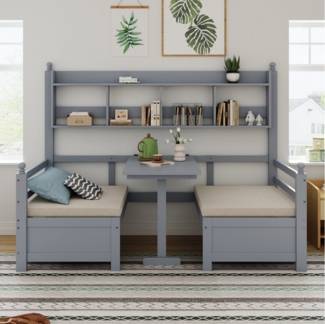 Ulife Kinderbett Einzelbett Schlafsofa Holzbett, mit Bücherregal und Kissen (Ohne Matratze), 2-in-1 Klappbett & Schreibtisch, 90x200 cm