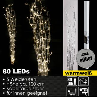 LED Lichterzweige 80 LED´s Dekozweige Leuchtzweige Rute 120 cm silber warmweiss