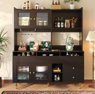 Flieks Küchenbuffet Hochschrank mit Glastüren, Schubladen und Gläserhalter (B145/T39/H171 cm, 1-St) Küchenschrank mit Arbeitsplatte Sideboard Buffetschrank Schwarz