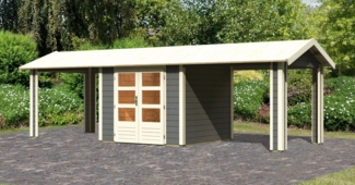 Gartenhaus Theres 3 - 244x244 cm plus 2 Dachausbauelemente, 28 mm Holz terragrau, Karibu
