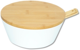 Obst- & Salatschale, Melamin Weiß - Besteck & Deckel Bambus