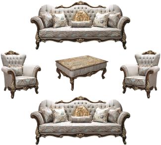 Casa Padrino Luxus Barock Wohnzimmer Set Silbergrau / Braun / Gold - 2 Sofas & 2 Sessel & 1 Couchtisch - Wohnzimmer Möbel - Edel & Prunkvoll
