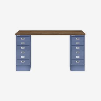 MultiDesk, 2 MultiDrawer mit 6 Schüben, Dekor Nussbaum, Farbe Blau, Maße: H 740 x B 1400 x T 600 mm