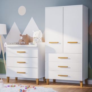 Bellabino 'Liri' Babyzimmer Set aus Wickelkommode und Kinderkleiderschrank, weiß, Wickeltisch mit abnehmbarem Wickelaufsatz, Kleiderschrank für Kinderzimmer mit 3 Schubladen