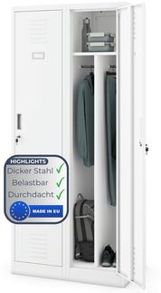Umkleideschrank Spind WIEN - 2 Abteile, Etikettenhalter Lüftungsschlitze | Umkleidespind Metall Schließfachschrank Garderobenspind, 180 x 80 x 50 cm Weiß