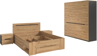 Homes & Jones Schlafzimmer-Set Sova – Bett mit Stauraum 140x200 cm, 2 Nachttische & 4-türiger Kleiderschrank, Eiche-Optik & Schwarz, modern & funktional