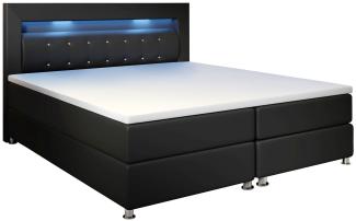 Juskys 'Montana' Boxspringbett mit LED-Beleuchtung, Bonellfederkern-Matratze und Topper, Kunstleder schwarz, 140x200 cm