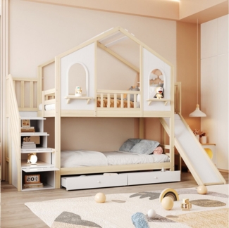 Flieks Etagenbett, Kinderbett Hausbett 90x200cm mit Stauraumtreppe, Rutsche, 2 Schubladen