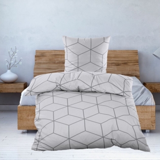 Casa Colori Bettwäsche Biber 135x200 cm, 100% Baumwolle, Biber, 2 teilig, Silbergrau Geometrisches Muster