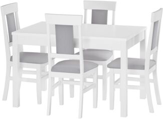 Weißer Esstisch 75 x 120 mit vier Polsterstühlen in weiß-grau Massivholz Kiefer 90.70-51AW-Set25