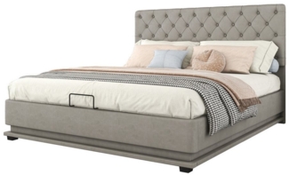 HAUSS SPOLE Polsterbett Doppelbett LED-licht Polsterbett Funktionsbett Bettrahmen Holzbett (Stauraumbett mit Hydraulisch, Bettkasten & Lattenrost-Bezug, Verstellbares Kopfteil,Grau, 140x200 cm)