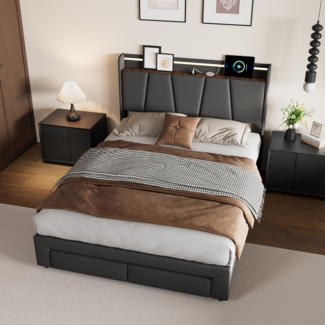 Polsterbett 140x190 cm mit LED, USB-Anschlssen, Stauraum, 4 Schubladen, Linnenstoff, ohne Matratze
