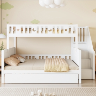 3in1 Etagenbett Weiß Mit Ausziehbett Sternen Mond Motiven 140x200 Kiefer Massivholz Sicherheitsgeländer Lattenrost Stauraum Leiter Geschwisterbett Gästebett Kinderzimmer