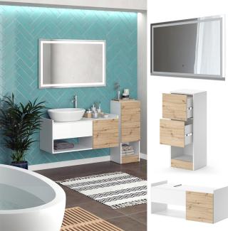 Vicco Badmöbel-Set Alf, Weiß Artisan Eiche, Badezimmer, moderne Badserie, Waschtischunterschrank, LED-Spiegel, Midischrank