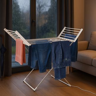 Todeco - Elektrischer Wäschetrockner, zusammenklappbar, für den Innenbereich – Maße zusammengeklappt: 113 x 53 x 7 cm – Material: Aluminiumlegierung – klassisch, weiß