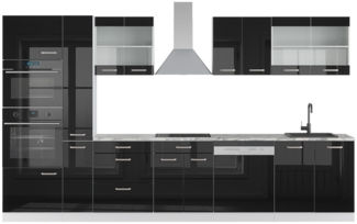 Küchenzeile R-Line Schwarz Hochglanz/Weiß 350 cm mit Hochschrank, AP Marmor Vicco