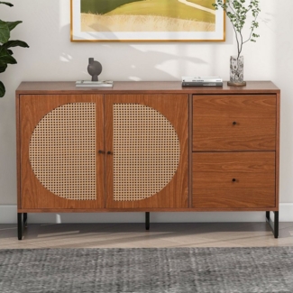 OKWISH Sideboard Kommode Schrank (mit 2 Rattan verzierten Türen und 2 Schubladen Kommode Küchenschrank), Highboard mit Metallgriffe