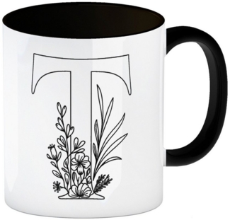 speecheese Tasse Floral Buchstabe T Kaffeebecher in schwarz zum Ausmalen für