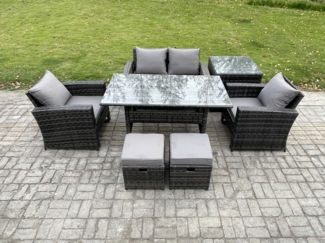 Fimous Polyrattan Gartenmöbel Set Terrassenmöbel Set mit Rattan Rechteckiger Esstisch Lounge Sofa mit Beistelltisch 2 Kleiner Hocker