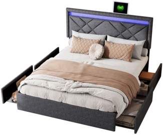 FUROKOY Polsterbett Doppelbett Stauraumbett Mit LED-Beleuchtung USB+TYPE-C Leinenmaterial, 160x200 cm,mit 4 Schubladen mit Rädern,Gepolstert,Grau