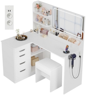 HOMALL Schminktisch Mit Stuhl und dreifarbigem LED-Spiegel, Helligkeit einstellbar (Extra groß: 120 x 80 x 136 cm 2 Steckdosen + 2 USB-Anschlüsse Mit 5 Schubladen + 8 Ablagefächern Für Ihr perfektes Make-up-Erlebnis)