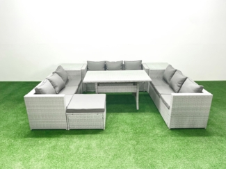 Fimous Polyrattan Gartenmöbel Set 10 Sitzer Garten Sofa Rechteckiger Esstisch Set mit Großer Fußhocker 2 Beistelltischen Hellgrau gemischt