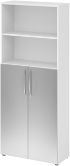 bümö Mehrzweckschrank 80cm breit, Aktenschrank o. Schuhschrank hoch, Regal Schrank-Kombi, Küchenschrank in Weiß/Silber aus Holz, Vorratsschrank & Haushaltsschrank mit Metallgriffen, 4770-W-S-BM
