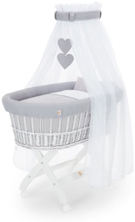 FabiMax Stubenwagen Weiß lackiert, 2 in 1 Musselin / Waffelpiqué Komplettset Grau mit Decke und Kissen