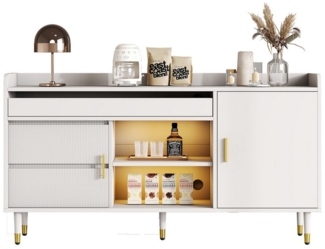 Refined Living Sideboard Freistehende Kommode aus Holz,mit Glastüren und LED, Buffetschrank (140x38x76 cm, Weiß, Küchenmöbel, Elegante Holzanrichte, Aufbewahrung Sideboard, mit 2 Schubladen und 1 großen Schublade, Kippsicherung, 1 St, Transparente Glas...